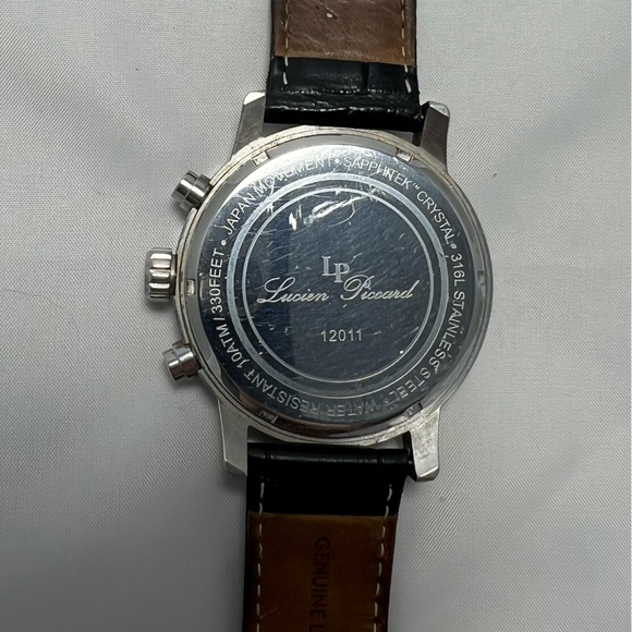 Lucien Piccard 12011 Black Leather Men's Chronograph Watch with White Face - Picture 9 of 12